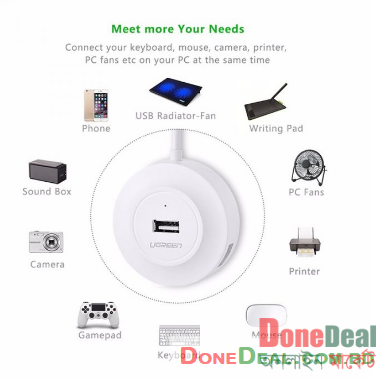 UGREEN USB 2.0 Hub 4 Ports For Your PC, Cell Phones, EReaders, Tablets (White)
