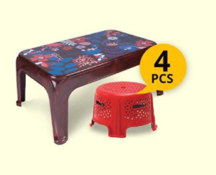 Akij Titbit Center Rectangular Table with 4 Pieces Carvy Short Stool 13576 - 7154