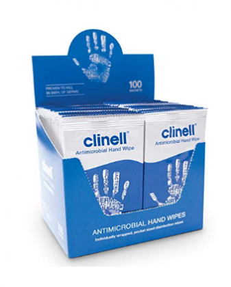 Clinell Antimicrobial Hand Wipes Suitable for Hands and Surfaces - Pack of 100 Sachets - Dermatologically Tested, Kills 99.99% of Germs