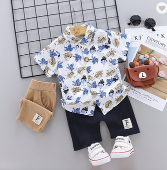 Comfortable handsome summer vacation style boys suits maple leaf printed short sleeve clothes sets kids wear bangladesh