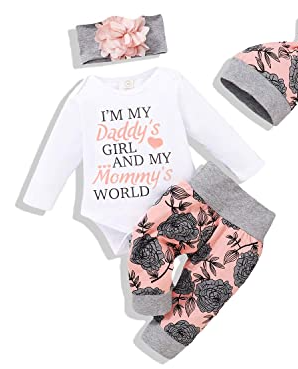 Renotemy Newborn Baby Girl Clothes Outfits Infant Romper Ruffle Onsies Floral Pants Cute Toddler Baby Girl Clothes Set
