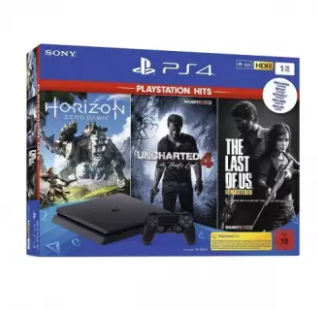 Sony PS4 Slim Jet Black 1TB Gaming Console with 1x Wireless Controller and 3 in1 Game Bundle (Horizon Zero Dawn, Uncharted 4, The Last of us Remastere