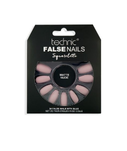 Technic False Nails With Glue - Squareletto Matte Nude - 24 Pcs