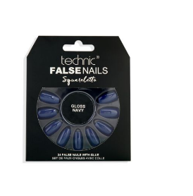 Technic False Nails With Glue - Squareletto Gloss Navy - 24 Pcs