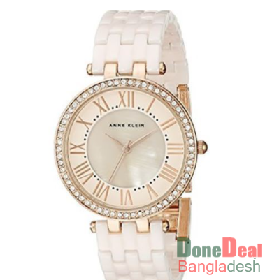 ANNE KLEIN Swarovski Crystal-Accented Rose Gold-Tone Ceramic Bracelet Watch AK/2130RGLP