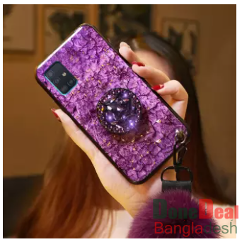 For Samsung Galaxy A51 / A71 / S20 / S20 Plus / S20 Ultra Luxury Gold Foil Glitter Marble Fur Ball Phone Case With Bling Diamond Stand Holder Plush Ba