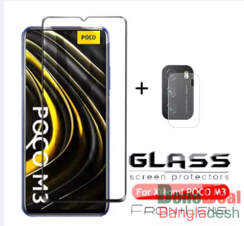 For Xiaomi Poco M3 - (3IN1) Combo - Premium Quality Full Cover Glass HD Clear Tempered Glass Screen Protector, Back Side Protector Back Poly Film , Ca