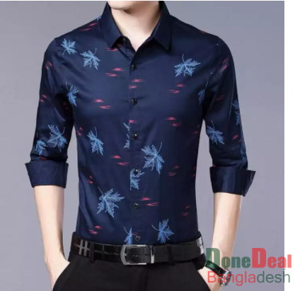 Navy Blue Cotton Long Sleeve Casual Shirt for Men