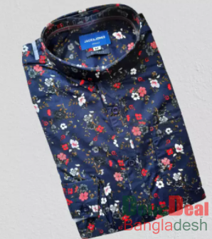 Navy Blue Printed Cotton Long Sleeve Casual Shirt for Men