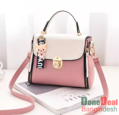 PU Leather Handbag for Women With Key Ring - Pink & White
