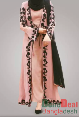 Two-Part Abaya Borka new collection 2020. Fashionable borka for women. Upper part Full Black embroidery Work. Body Pitch Color.