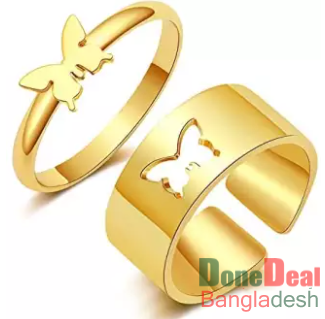 LOVE King and Queen Couple Ring Set In Titanium Golden