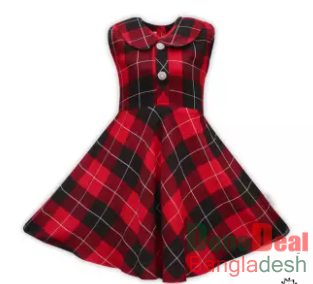 Red Black Check Linen Frock For Girls