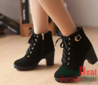 Women Boots Shoes With Heels WBS-B3 Black Fashionable Women Pumps Boot Shoe With Chain And Ankle Belt Korean Design Boots For Girls Ladies Stylish Tre